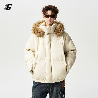 GDDGSK American Streetwear Thickened Warm Down Cotton Jacket for Men, Winter Loose Fleece Collar Hooded Coat