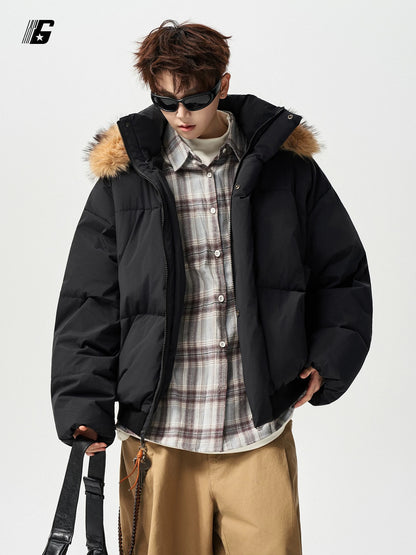 GDDGSK American Streetwear Thickened Warm Down Cotton Jacket for Men, Winter Loose Fleece Collar Hooded Coat