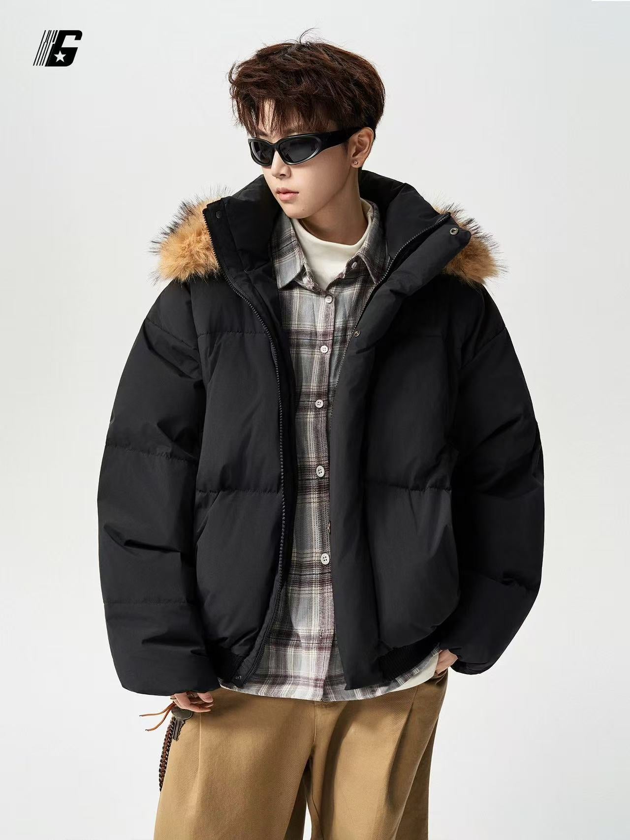 GDDGSK American Streetwear Thickened Warm Down Cotton Jacket for Men, Winter Loose Fleece Collar Hooded Coat