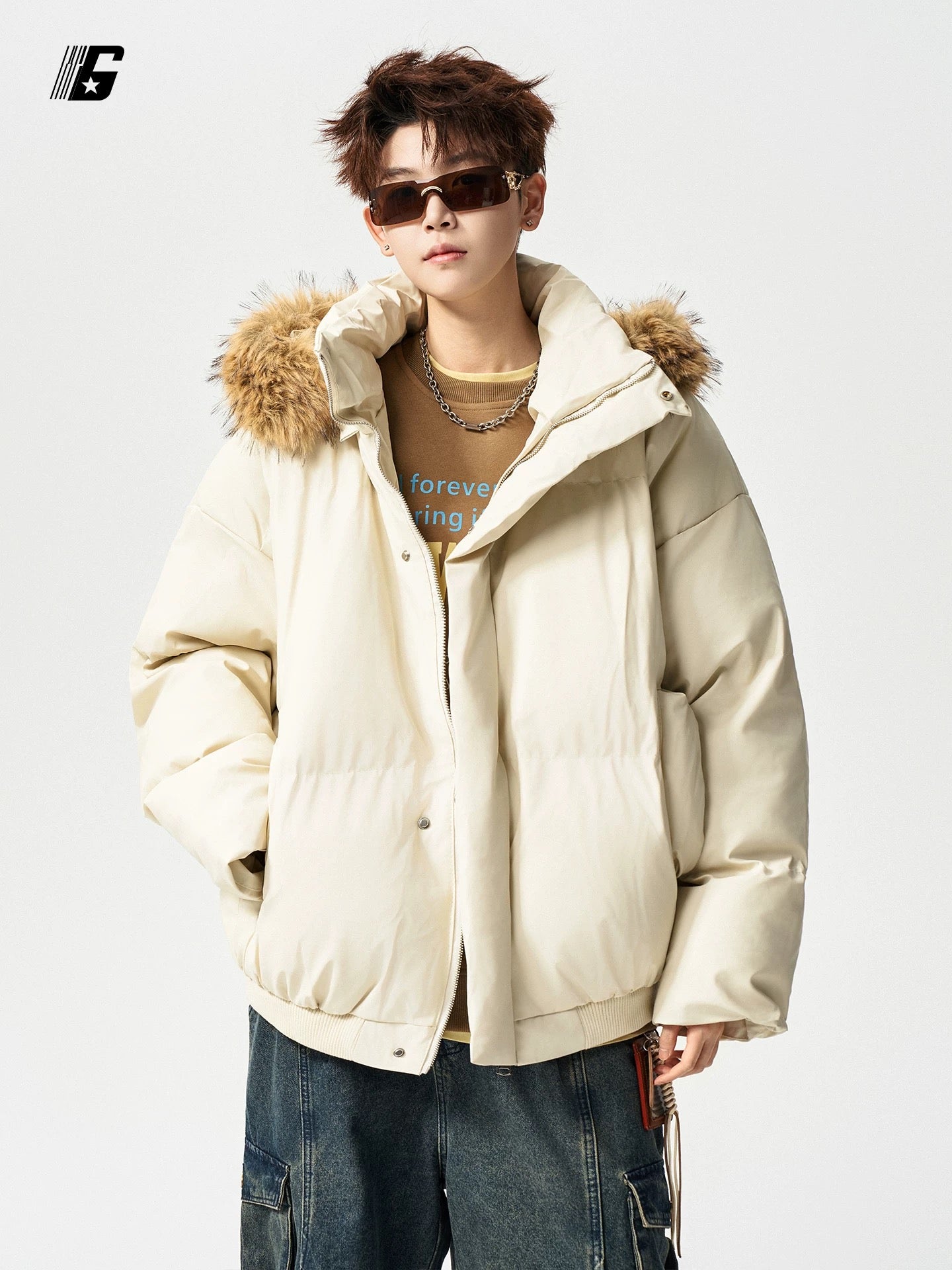 GDDGSK American Streetwear Thickened Warm Down Cotton Jacket for Men, Winter Loose Fleece Collar Hooded Coat