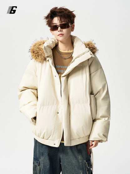 GDDGSK American Streetwear Thickened Warm Down Cotton Jacket for Men, Winter Loose Fleece Collar Hooded Coat