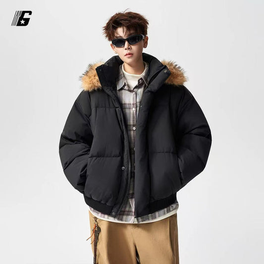 GDDGSK American Streetwear Thickened Warm Down Cotton Jacket for Men, Winter Loose Fleece Collar Hooded Coat